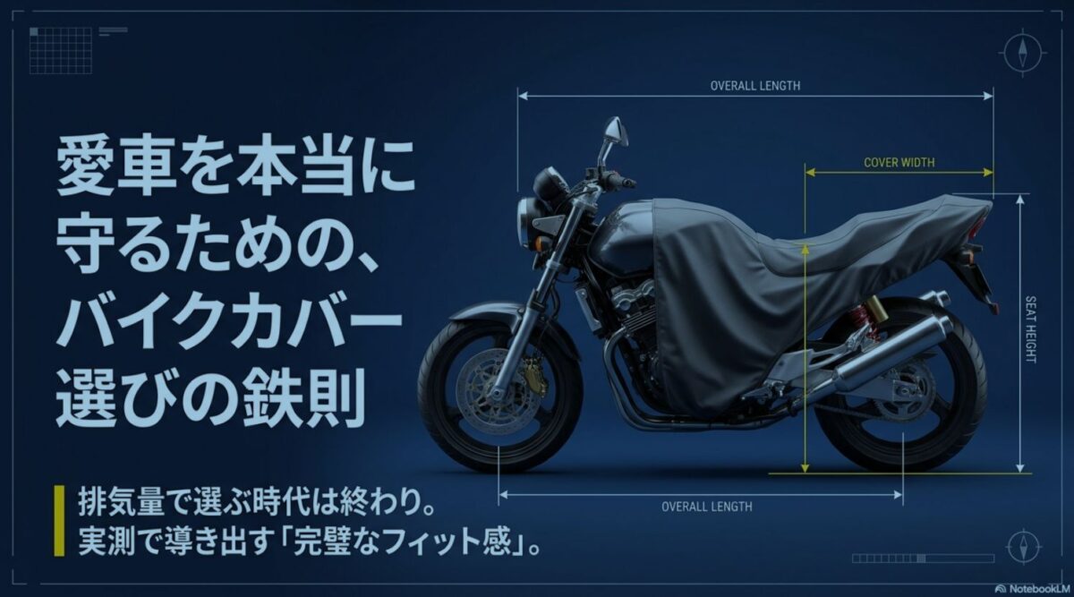 愛車を守るためのバイクカバー選びの鉄則。排気量で選ばず実測で完璧なフィット感を導き出すことを示すタイトル画像