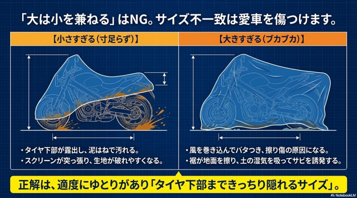 寸足らずによる泥はねや、ブカブカによる風のバタつき・サビの誘発など、サイズ不一致が愛車を傷つける具体的なリスクの解説