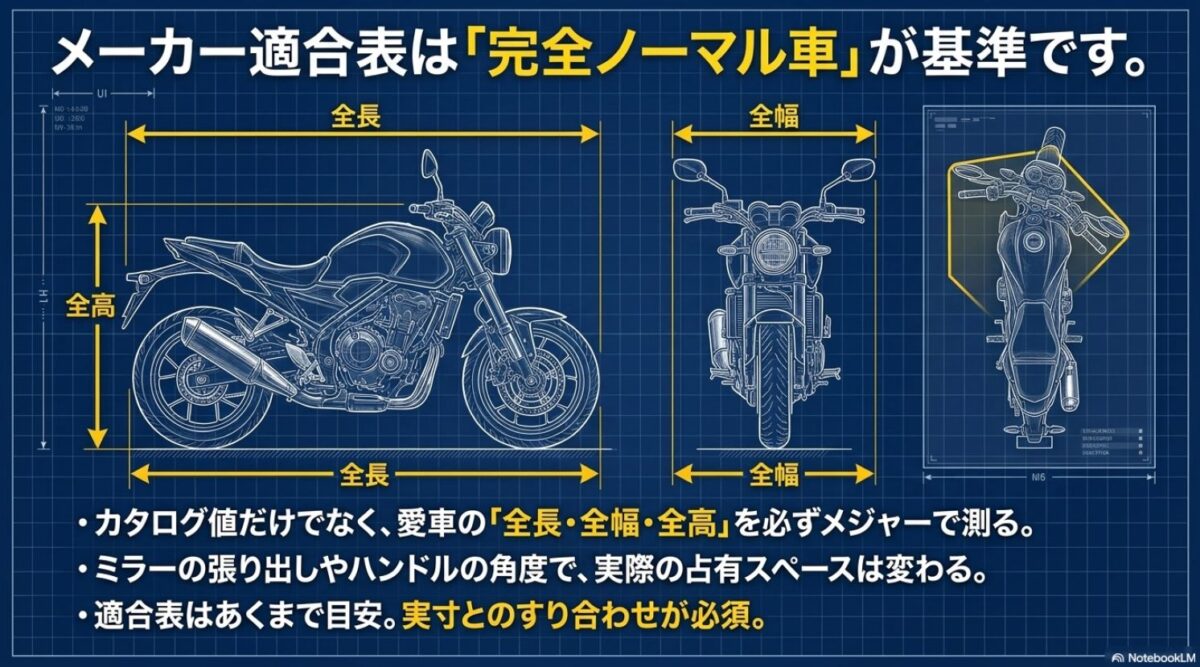 バイクの全長・全幅・全高の図面とともに、メーカーの適合表は完全ノーマル車を基準にしているため実寸とのすり合わせが必須であることを解説した画像