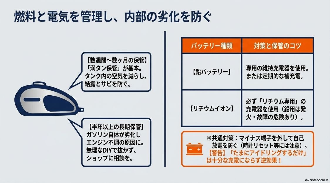 保管期間に応じたガソリン満タン保管の基本と、鉛バッテリー・リチウムイオンバッテリー別の維持充電対策