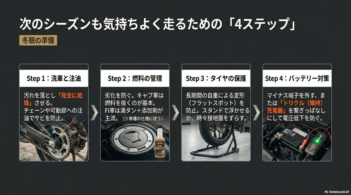 冬眠・長期保管前の必須メンテナンス4ステップ 洗車と注油、燃料の管理、タイヤの保護、バッテリー対策からなる長期保管や冬眠前のメンテナンス4ステップ