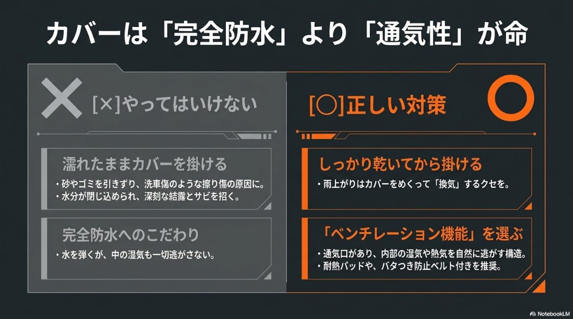通気性を重視したバイクカバーの正しい使い方 バイクカバーは完全防水より通気性が重要。濡れたままカバーを掛けず、ベンチレーション機能付きを選ぶ
