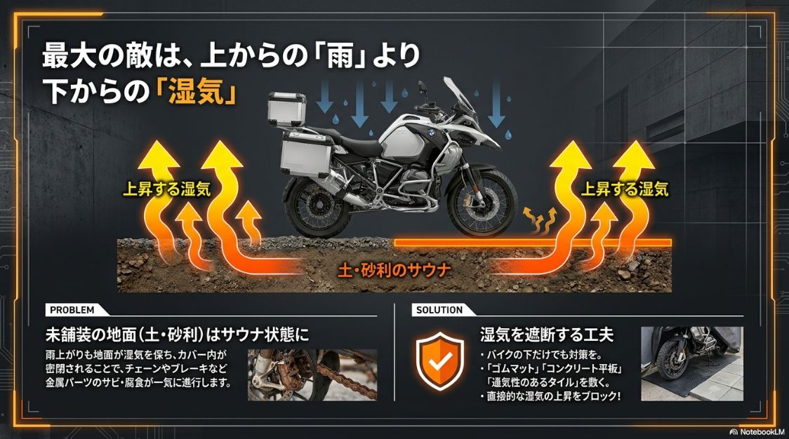 地面からの湿気によるサビ・腐食リスクと対策 バイク屋外保管の最大の敵は下から上昇する湿気。土や砂利の未舗装面ではゴムマットなどで湿気を遮断する