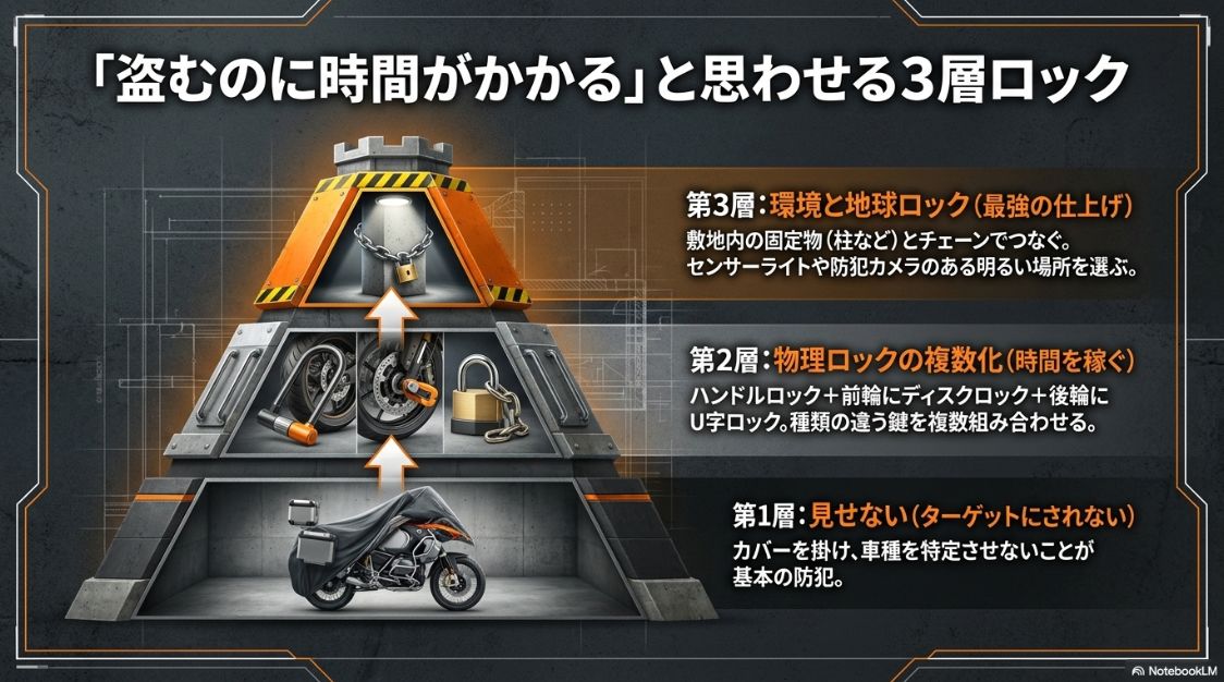 バイク盗難を防ぐ3層構造の防犯対策 盗むのに時間がかかると思わせる3層ロック。カバーで見せない、物理ロックの複数化、地球ロックと明るい環境選び