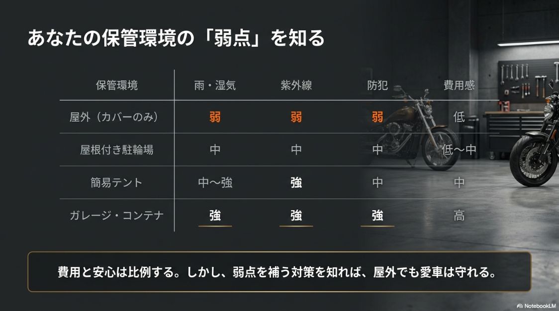 あなたの保管環境の弱点を知る 屋外、屋根付き駐輪場、簡易テント、ガレージ・コンテナなど各保管環境における雨・紫外線・防犯の弱点と費用感の比較