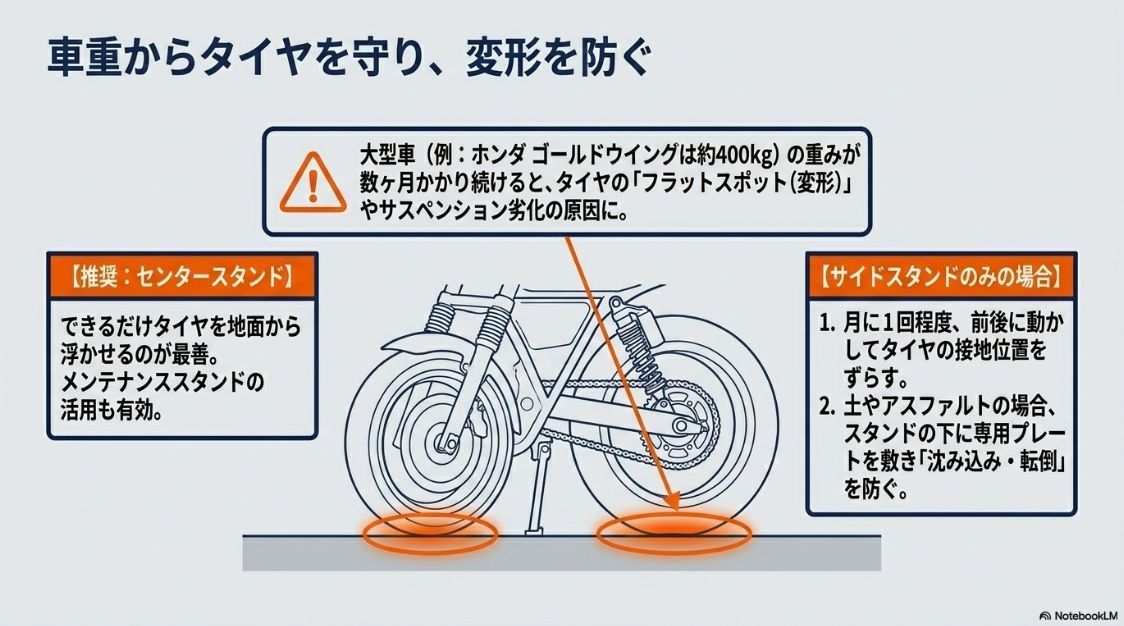 センタースタンド活用によるタイヤのフラットスポット防止と、サイドスタンド使用時の沈み込み・転倒を防ぐ注意点