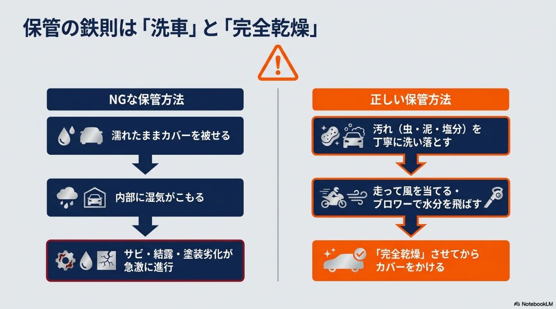 NGな保管方法と正しい保管方法の比較。洗車で汚れを落とし、ブロワー等で完全乾燥させてからカバーをかける手順