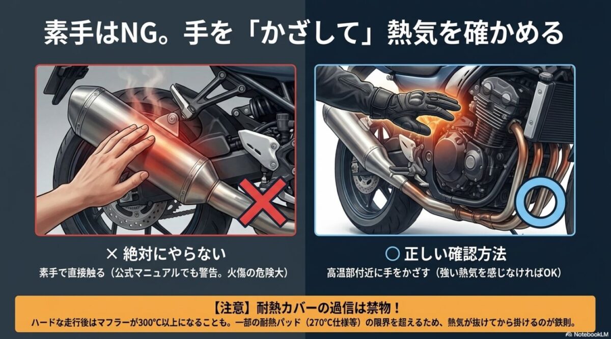 高温になったマフラーに素手で触れるのは危険であるという警告図