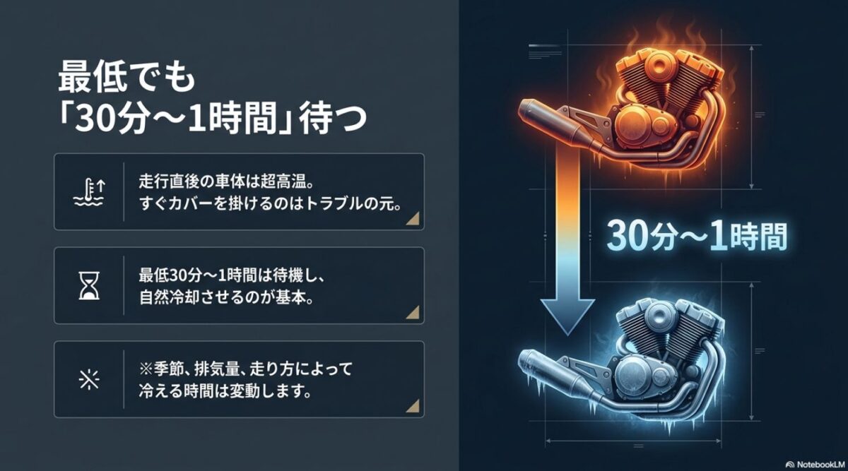 バイクのエンジンが走行後の高温状態から冷却されていく過程と30分から1時間の目安時間