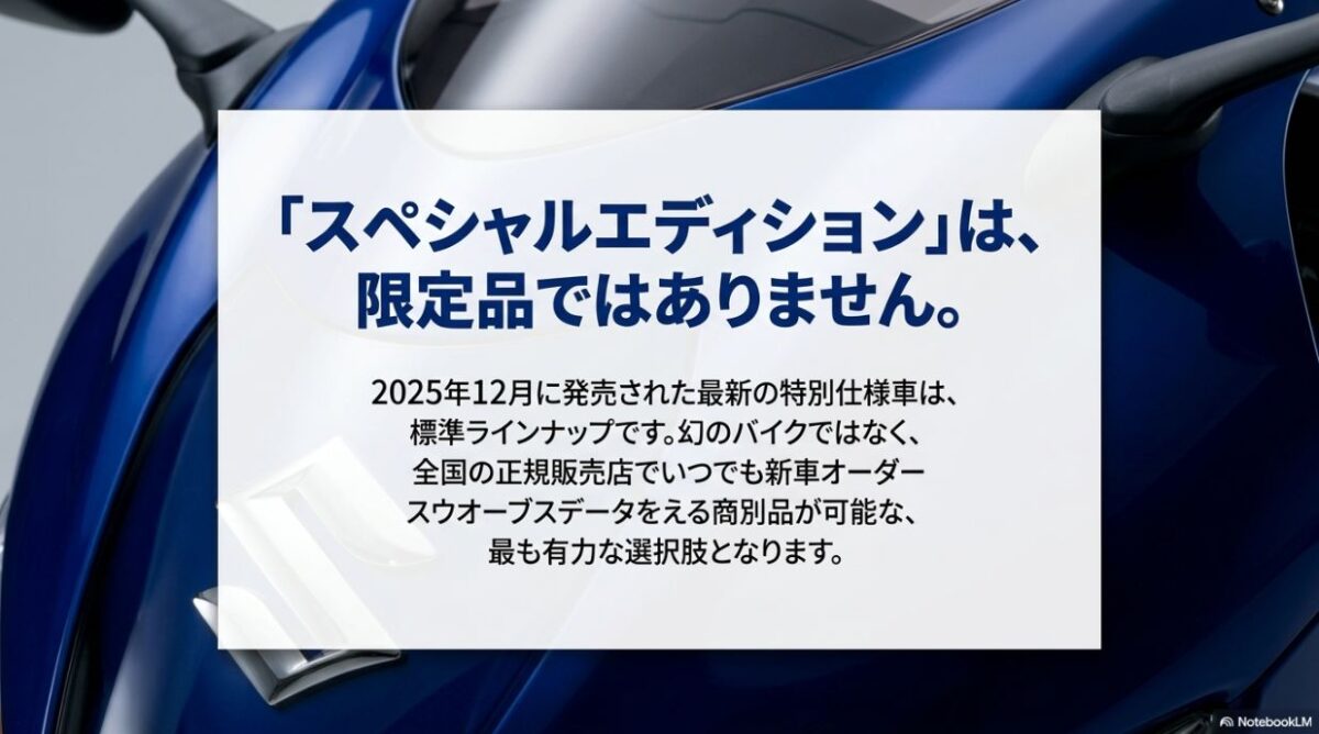 隼「スペシャルエディション」は限定品ではなく、2025年12月に発売された標準ラインナップの特別仕様車であり、全国の正規販売店で新車オーダー可能です