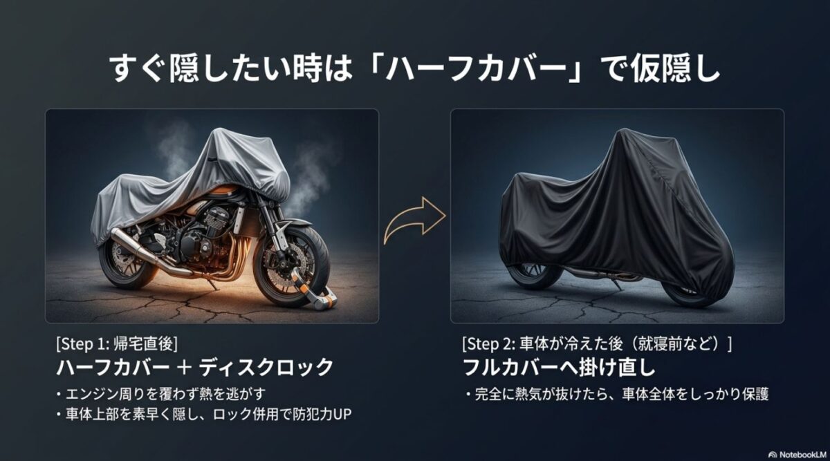 大型バイク特有の巨大な熱源や、スクリーン・装備品によるカバー接触のリスク