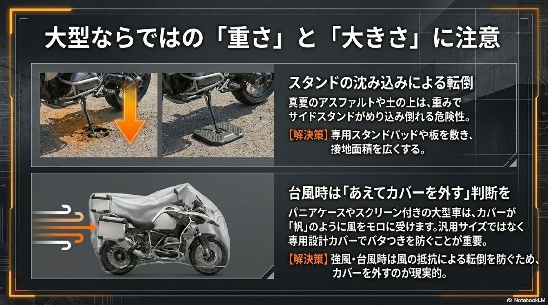 大型バイクのスタンド沈み込みと強風転倒リスク 大型バイク特有の重さと大きさに注意。スタンドの沈み込み対策や台風時にカバーを外す判断が重要