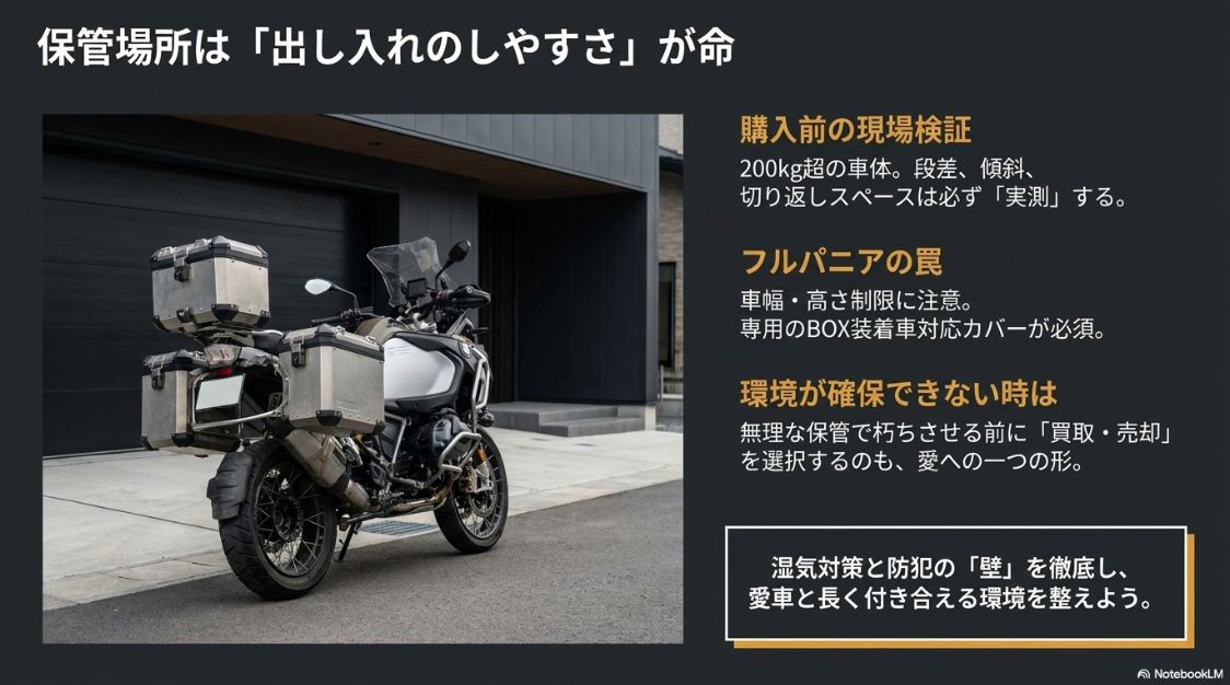 大型バイクで失敗しない保管ポイント 段差や傾斜の実測、フルパニア装着車の寸法注意、環境が確保できない時の買取・売却の選択肢など大型バイク特有の保管ポイント