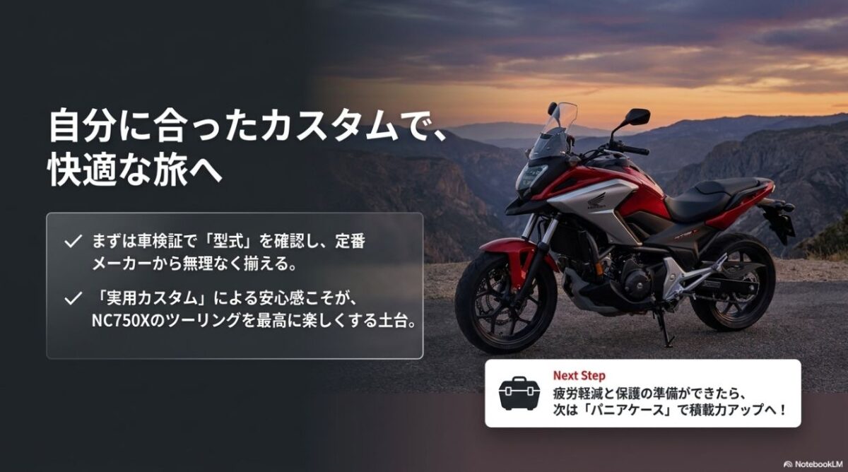自分に合った実用カスタムによる安心感がツーリングを楽しくする土台となることと、次のステップであるパニアケースの案内
