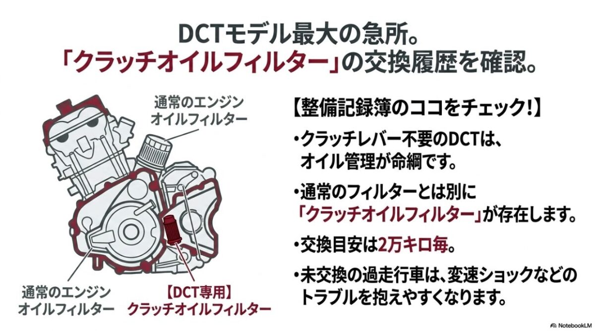 DCTモデル最大の急所。通常のエンジンオイルフィルターとは別にあるクラッチオイルフィルターの交換履歴を整備記録簿で必ず確認