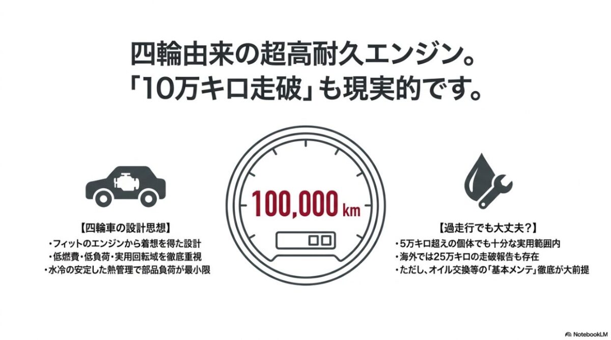 四輪由来の超高耐久エンジンで10万キロ走破も現実的。フィットから着想を得た低燃費・低負荷設計と安定した水冷の熱管理