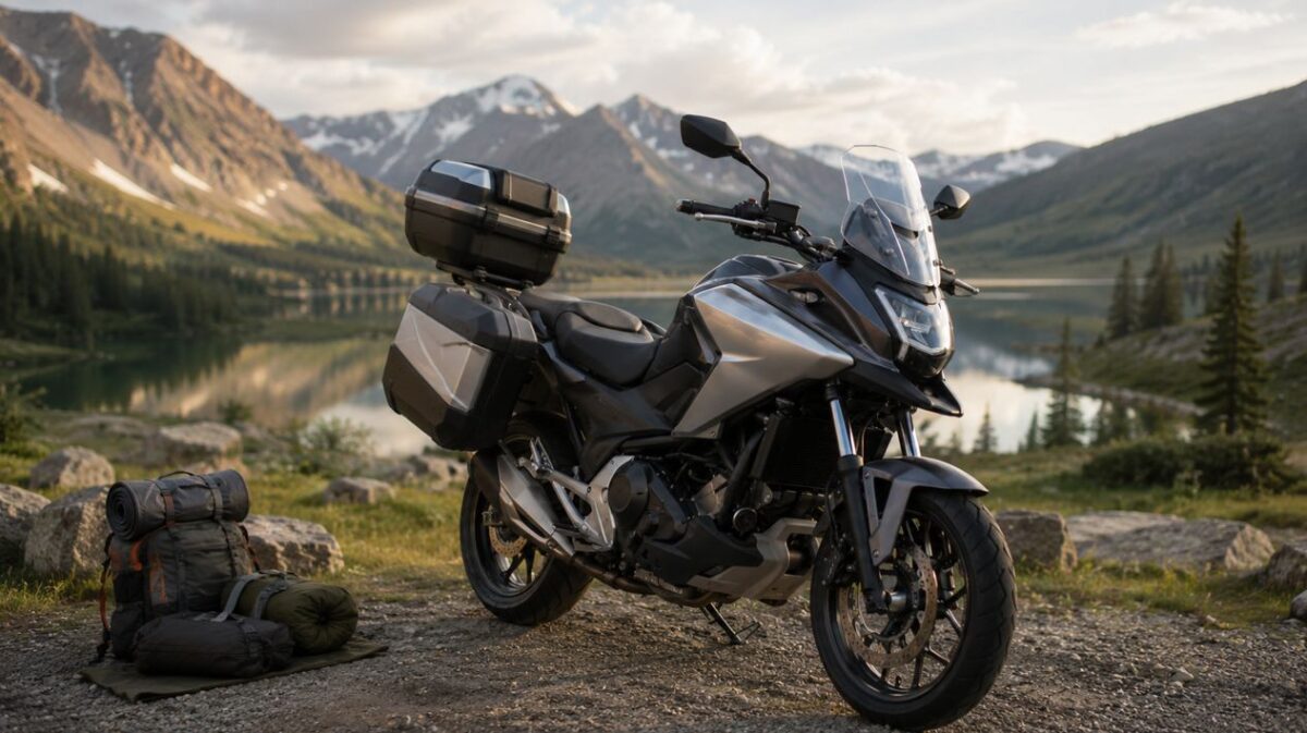 NC750X完全ガイド!ベテランが唸る評価と後悔しない選び方 フルパニア仕様のNC750Xとキャンプ道具を並べたツーリング装備
