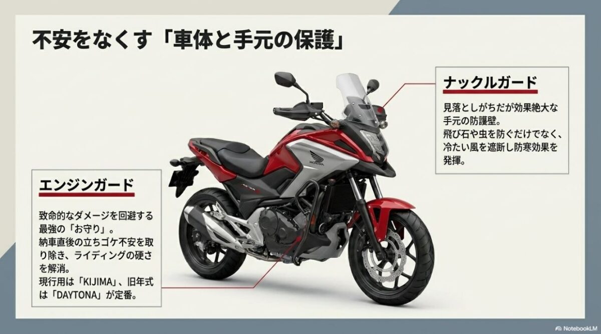 NC750Xの車体と手元を保護するエンジンガードとナックルガードの装着イメージ