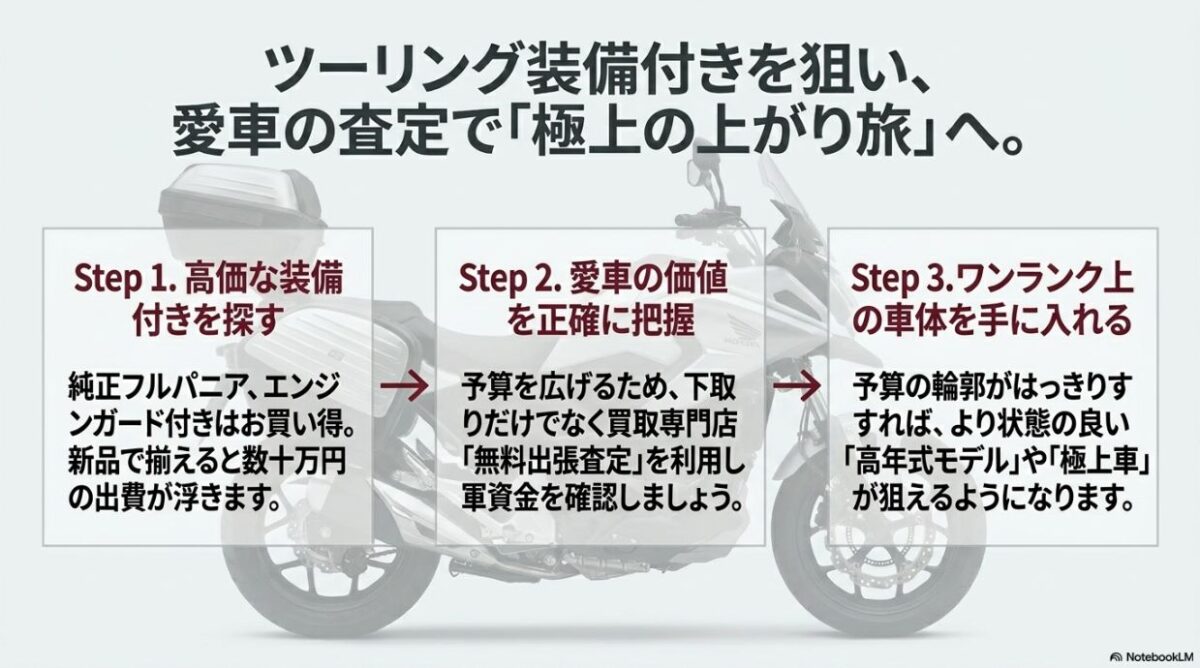 ツーリング装備付きを狙い愛車の査定で極上の上がり旅へ。高価な装備付きを探し、買取専門店の無料出張査定で価値を把握してワンランク上の車体を手に入れる手順