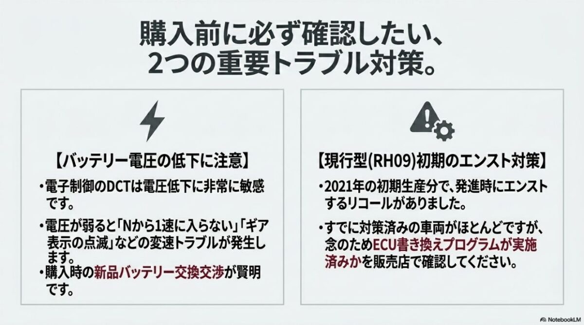 購入前に必ず確認したい2つの重要トラブル対策。バッテリー電圧の低下による変速トラブルと、現行型RH09初期のエンスト対策リコールの確認