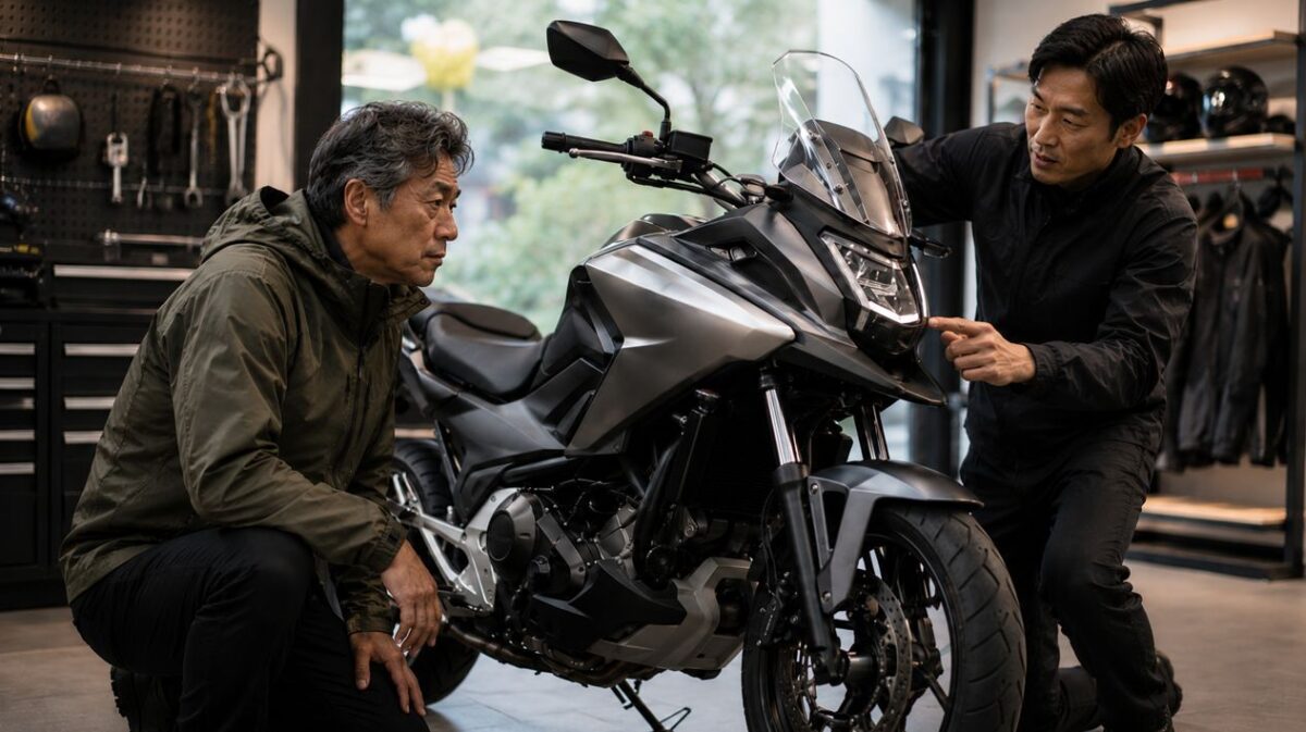 NC750X完全ガイド!ベテランが唸る評価と後悔しない選び方 販売店でNC750Xの状態を確認する購入検討中のライダー