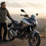 山の展望台でNC750Xと並ぶベテランライダーのツーリング風景