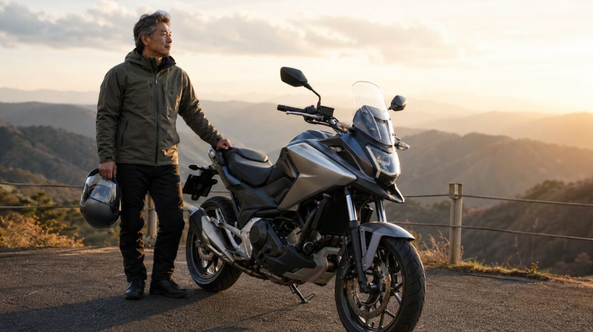 山の展望台でNC750Xと並ぶベテランライダーのツーリング風景