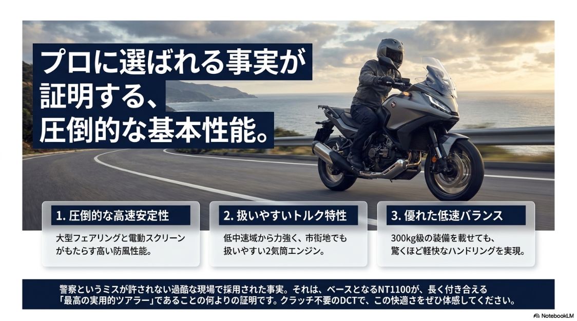 NT1100Pの採用で証明されたベース車両の高い基本性能（高速安定性、トルク特性、低速バランス）
