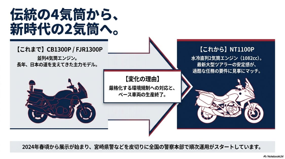 白バイがCB1300Pなどの4気筒から、NT1100Pの2気筒へと世代交代した背景と理由