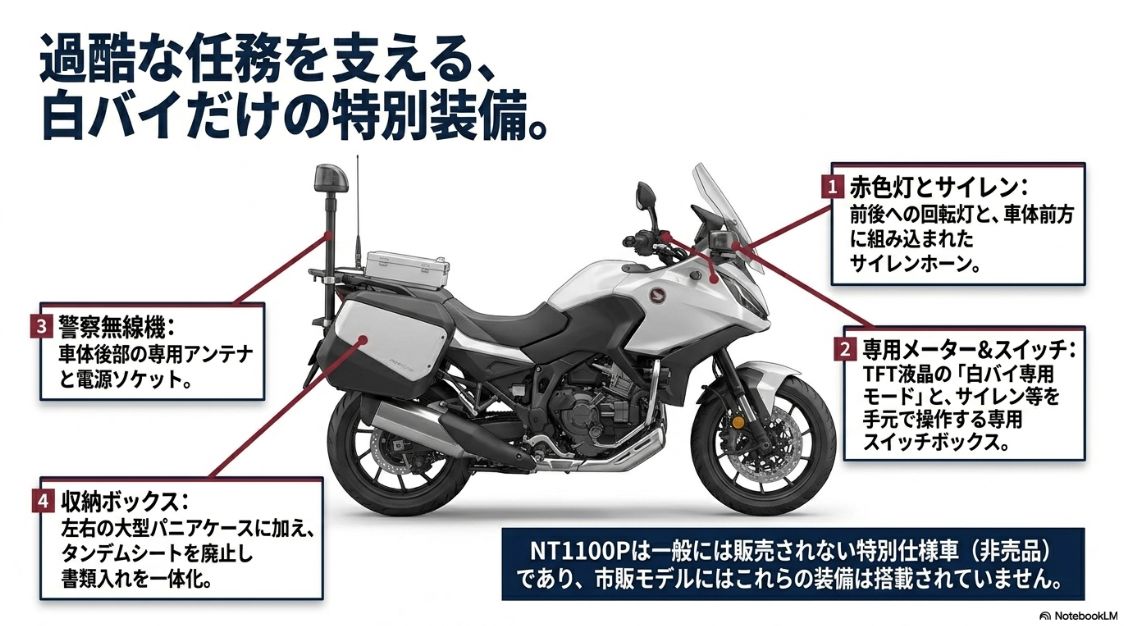 NT1100Pに搭載された白バイ専用装備（赤色灯、サイレン、専用メーター、警察無線機、収納ボックス）