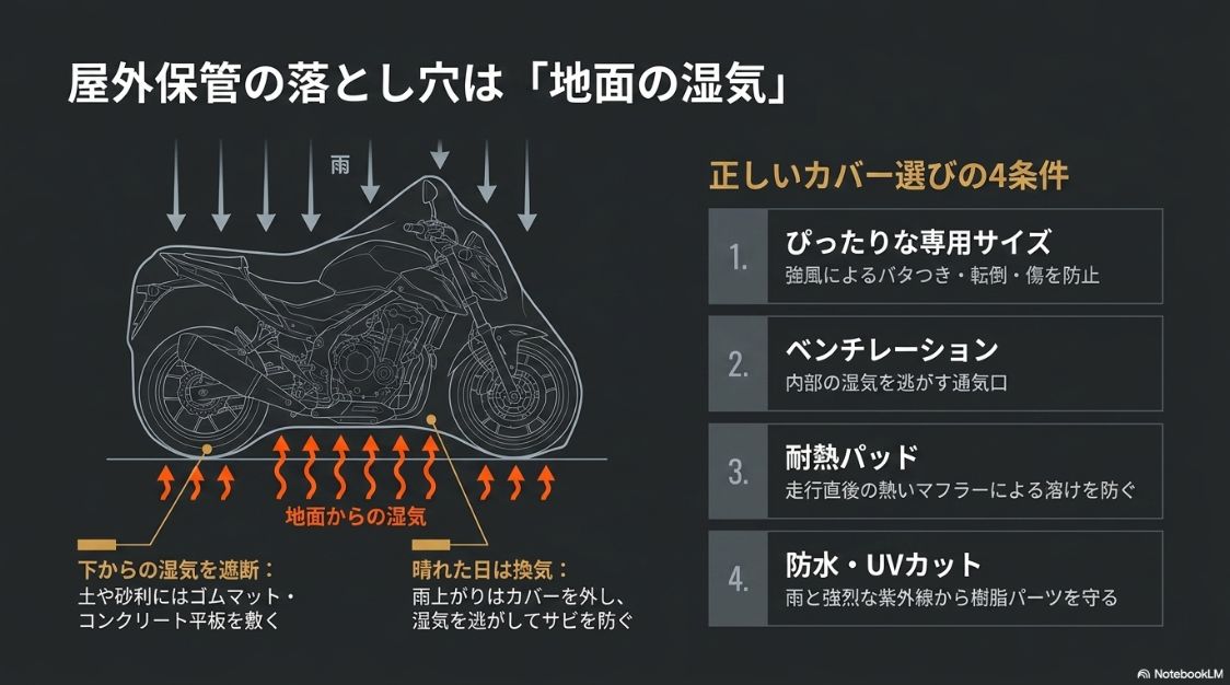 屋外保管の落とし穴と正しいカバー選び 地面からの湿気を遮断する対策と、専用サイズ・ベンチレーション・耐熱パッド・防水UVカットなど正しいバイクカバー選びの4条件