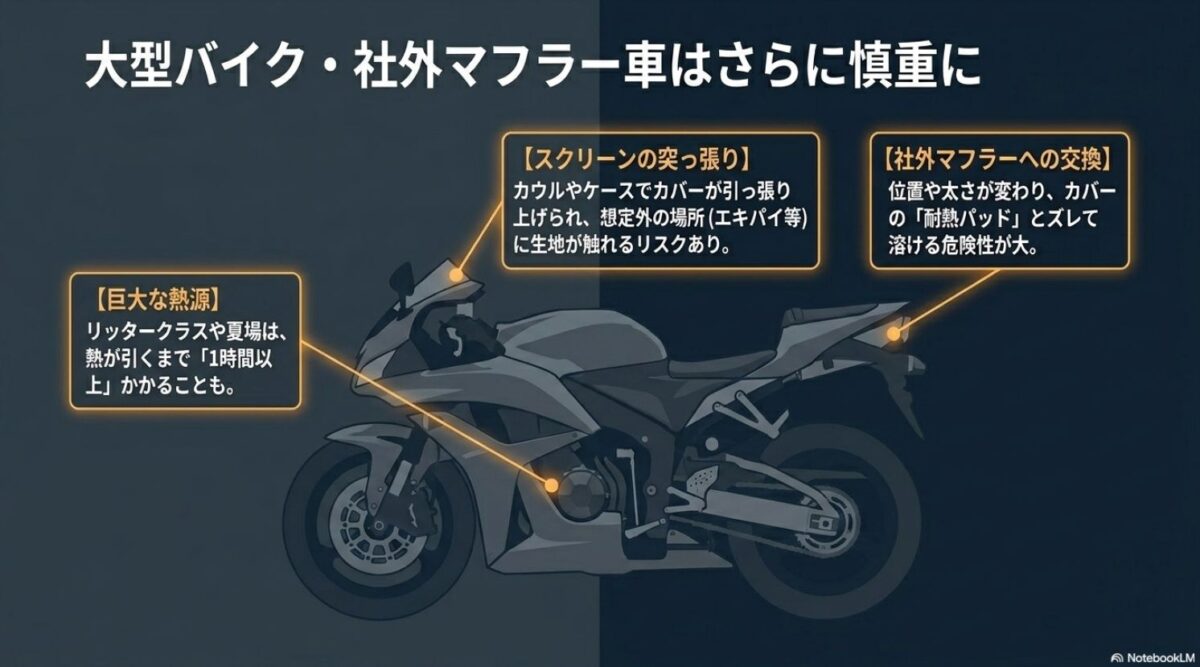 マフラー付近に手をかざして熱気を確認する方法と耐熱カバーの限界に関する注意書き