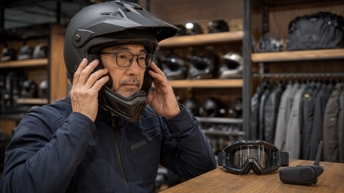 アドベンチャー用オフロードヘルメットの選び方|高速・林道で失敗しない注意点 メガネをかけた大人のライダーが用品店でアドベンチャーヘルメットのフィットを確認する様子