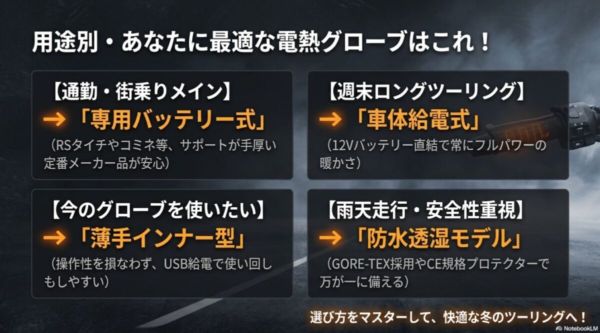 用途別・あなたに最適な電熱グローブはこれ! 通勤・街乗り用、手持ちのグローブを活かす薄手インナー型、週末ロングツーリング用、雨天走行・安全性重視用など、用途別に最適な電熱グローブの選び方