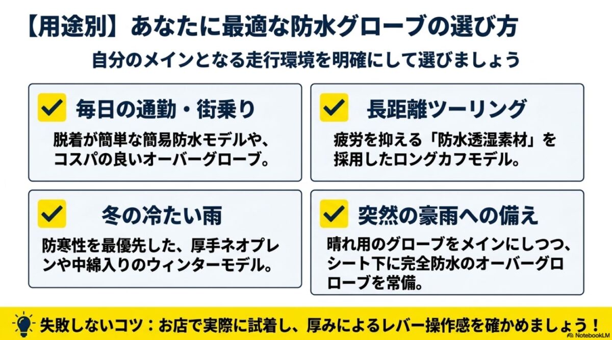 通勤・街乗り、長距離ツーリング、冬の雨、突然の豪雨など走行環境や用途別の防水グローブの選び方