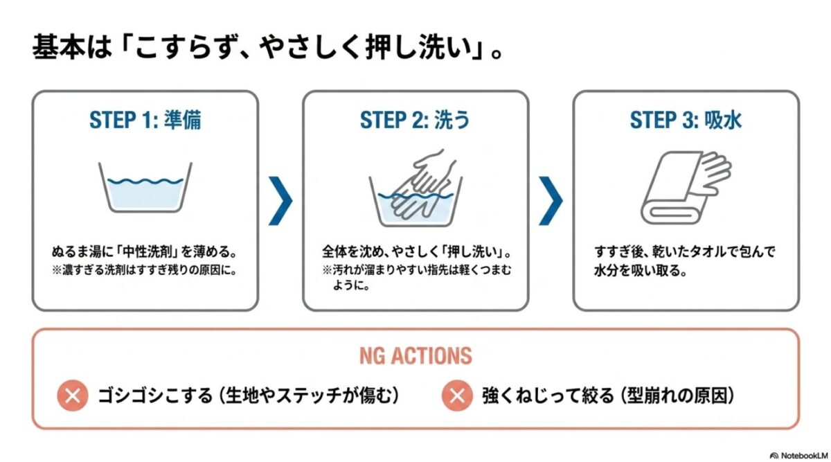 バイクグローブを中性洗剤で押し洗いしタオルで吸水する基本手順とNG行動