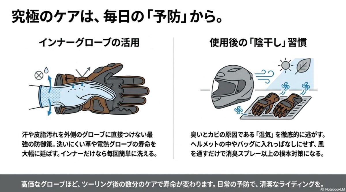 インナーグローブの活用と使用後の陰干し習慣でバイクグローブの臭いとカビを予防する方法
