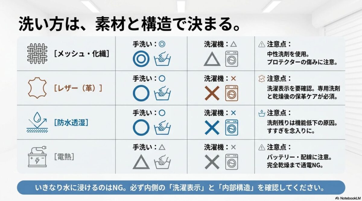 メッシュ・レザー・防水透湿・電熱グローブの手洗い可否と洗濯機使用の注意点を比較した表