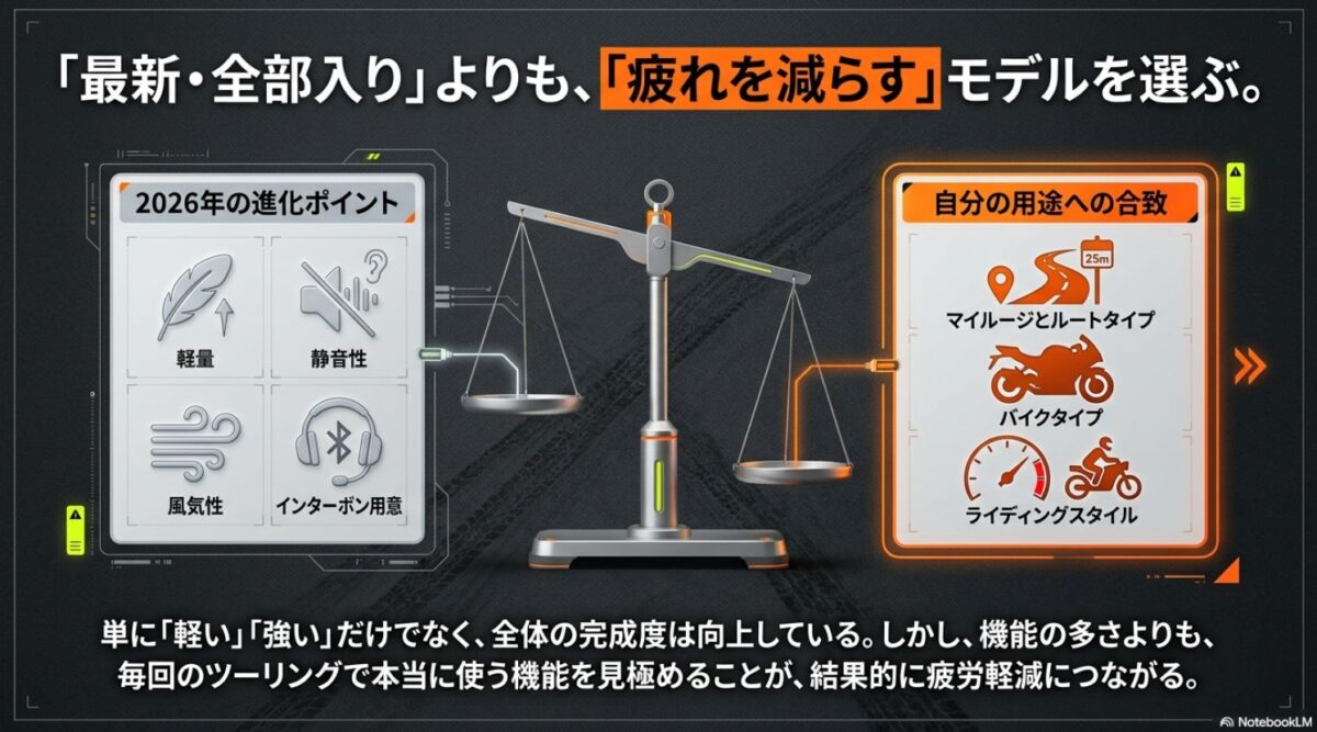 最新機能より疲れを減らす選び方 2026年モデルの軽量性や静粛性などの進化点と用途に合う機能選びを比較したスライド