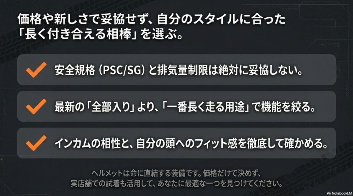 2026年ヘルメット選びの最終チェックポイント 安全規格、用途に合う機能、インカム相性とフィット感を確認してヘルメットを選ぶまとめスライド