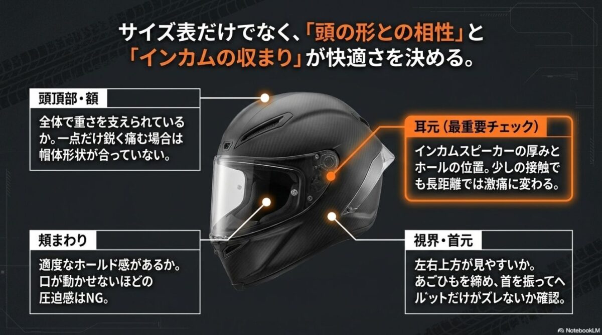 サイズとインカム相性の確認ポイント 頭頂部や頬まわり、耳元、視界と首元などヘルメットのフィット感とインカム装着位置を説明するスライド