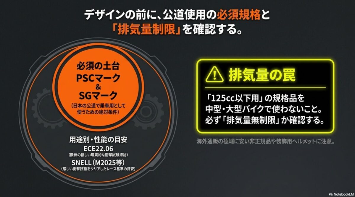 ヘルメットの安全規格と排気量確認 PSCマークやSGマーク、ECE22.06、SNELL規格、排気量制限の確認を促すスライド