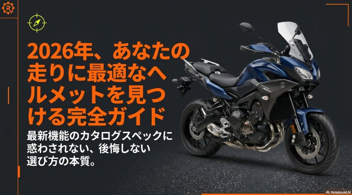2026年に自分の走りに合うバイクヘルメットを選ぶための最新機能と注意点を示したスライド