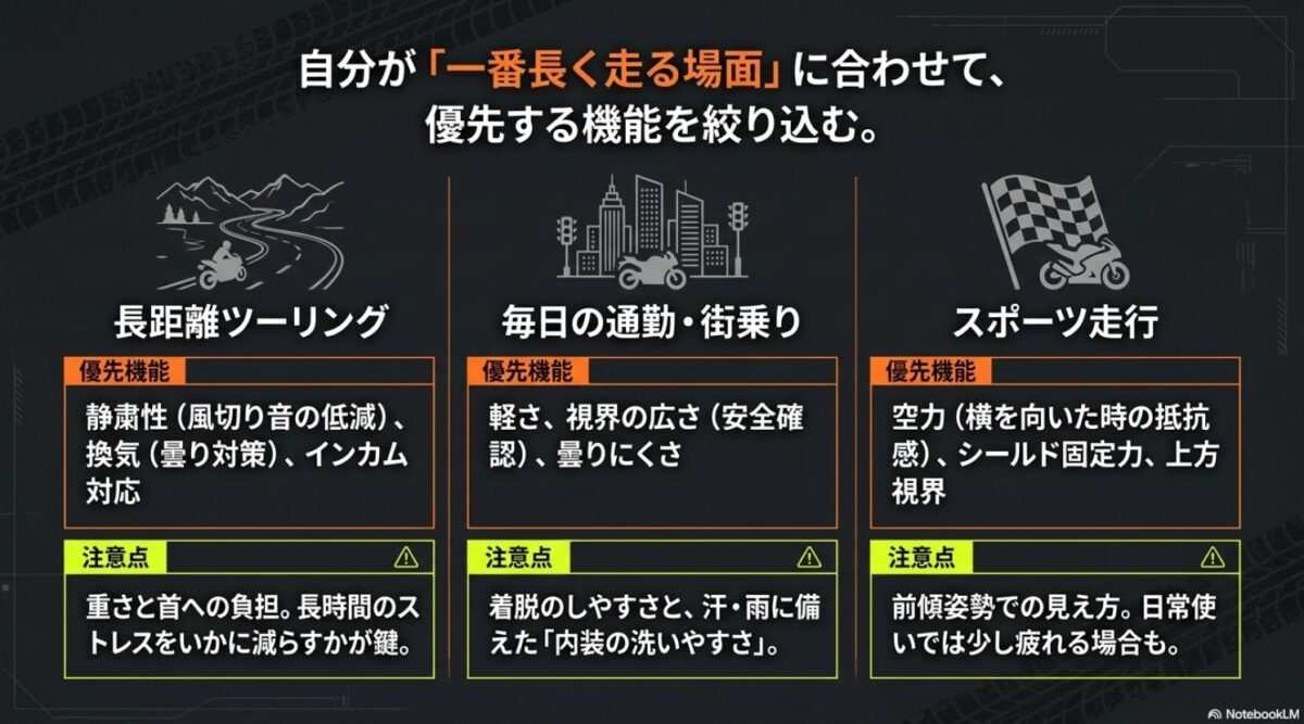 用途別に見るヘルメットの優先機能 長距離ツーリング、通勤、スポーツ走行ごとに優先すべきヘルメット機能を整理したスライド