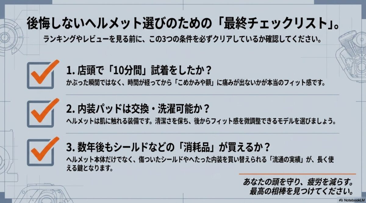 試着時間、内装パッドの交換や洗濯、シールドなど消耗品の入手性を確認するヘルメット選びの最終チェックリスト