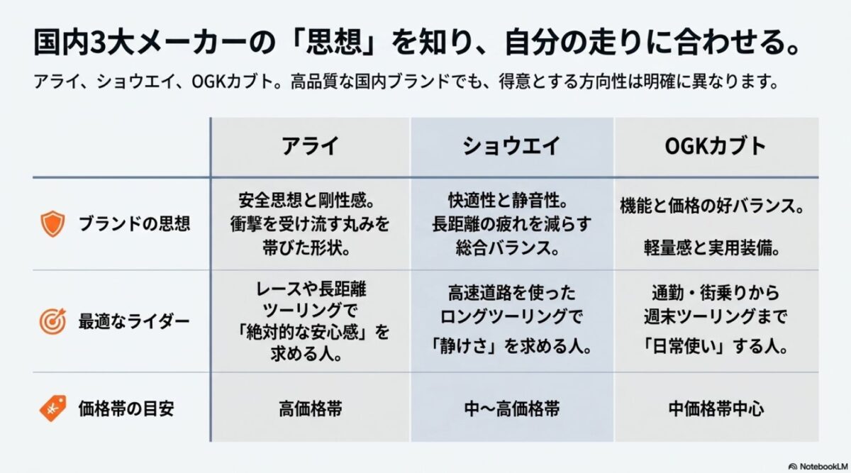アライ、ショウエイ、OGKカブトの思想、向いているライダー、価格帯の違いを比較したスライド