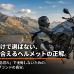 バイクとヘルメットを背景に知名度だけで選ばないヘルメット選びの重要性を伝えるスライド