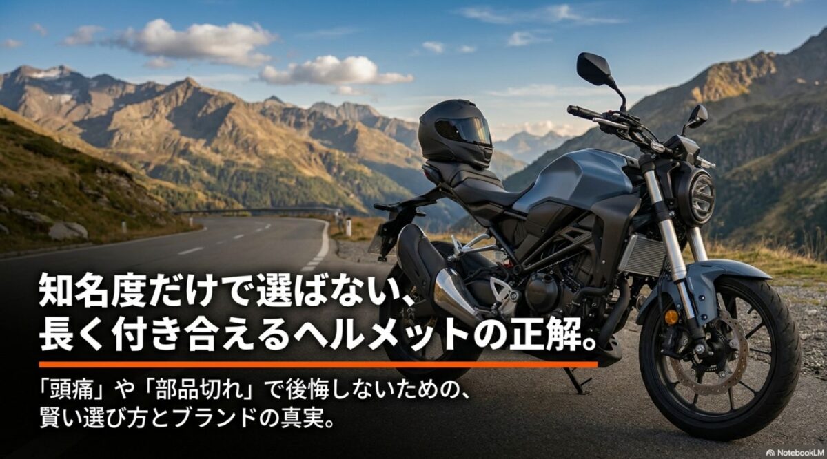 ヘルメットメーカー比較表|人気ブランドの違いと選び方 バイクとヘルメットを背景に知名度だけで選ばないヘルメット選びの重要性を伝えるスライド