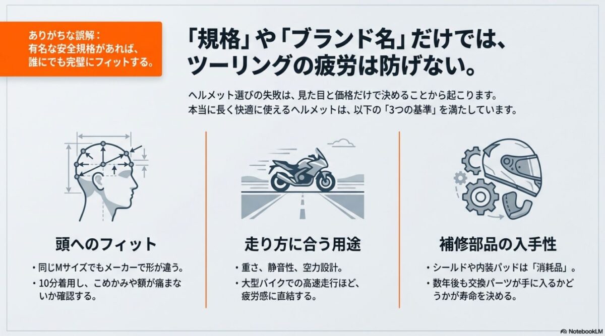 頭へのフィット、走り方に合う用途、補修部品の入手性というヘルメット選びの3基準を示すスライド
