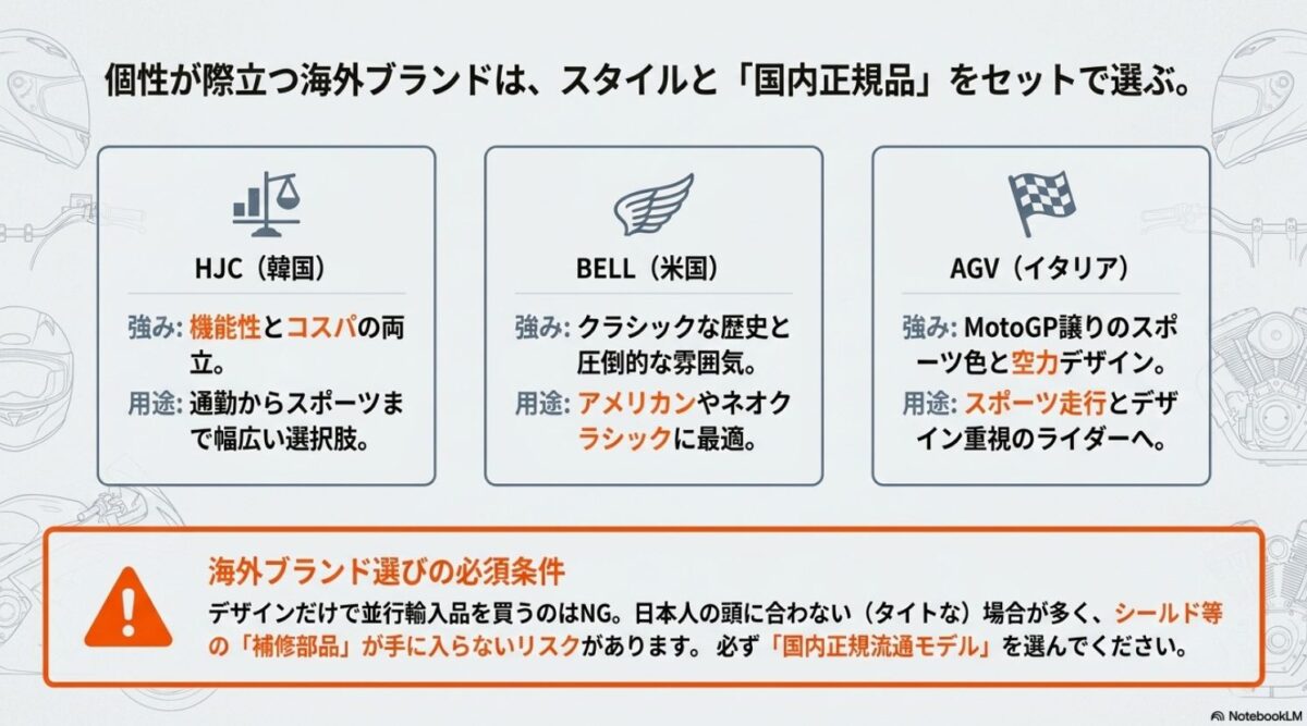 HJC、BELL、AGVの特徴と海外ブランド選びで国内正規品を確認すべき理由を示すスライド